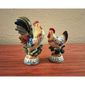 Rooster Hen Chicken Salt & Pepper Shaker Set Hand Painted Ricamo Fitz & Floyd